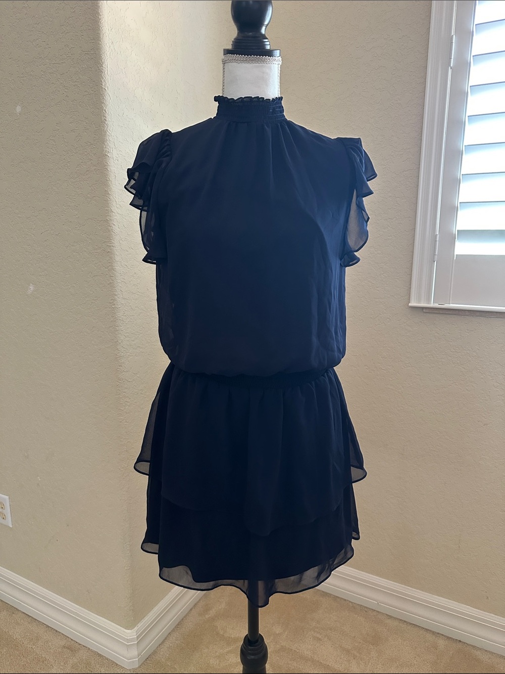 1. State Navy High-Neck Ruffle Sleeve Tiered Mini Dress Medium